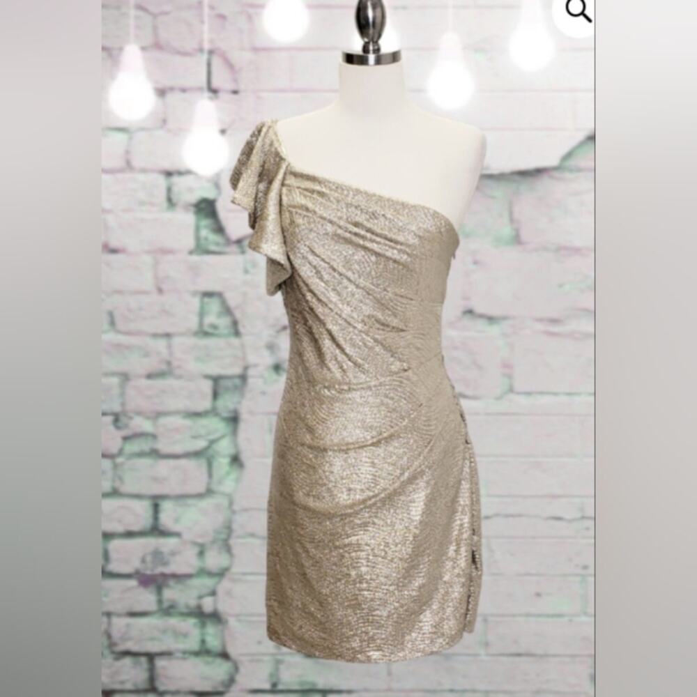 Hailey Logan By Adrianna Papel Gold Lame One Shoulder Dress Size XS